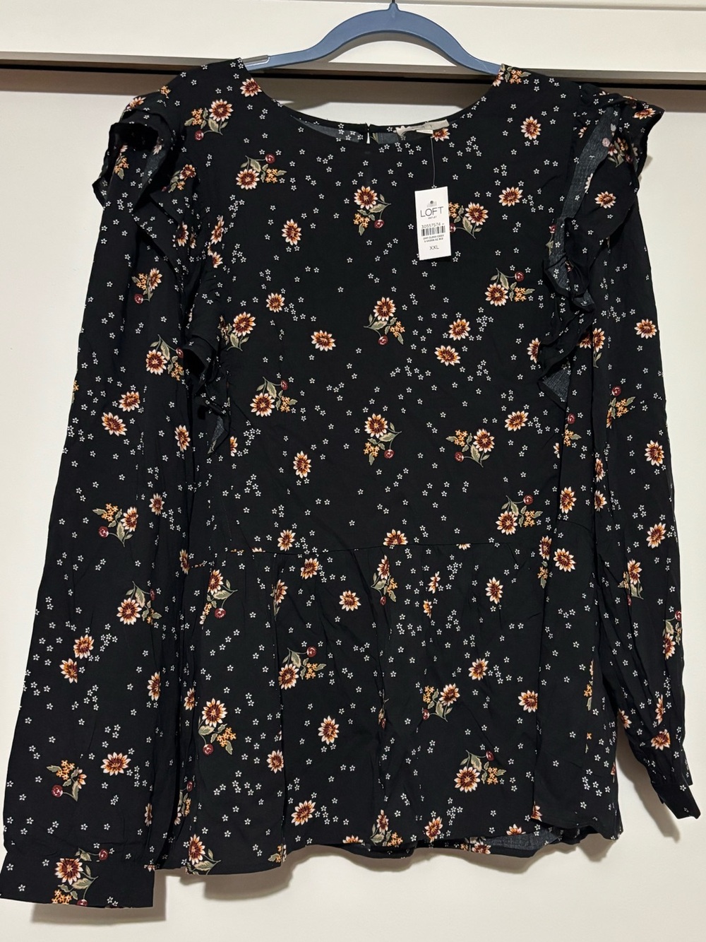LOFT Black Floral Ruffle-Trim Long Sleeve Blouse